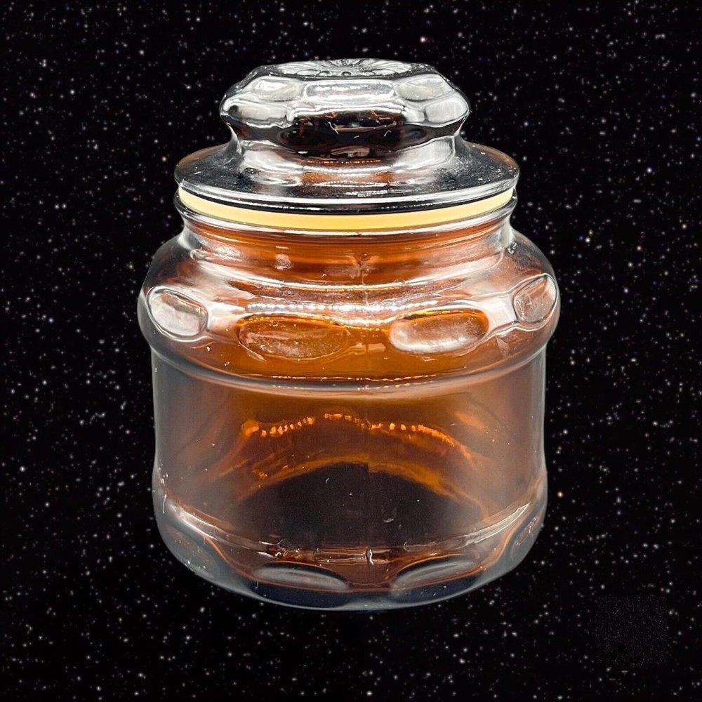 Vintage Dark Amber Brown Glass Apothecary Canister Jar‎ Starburst PWC 2.75”w 4”t